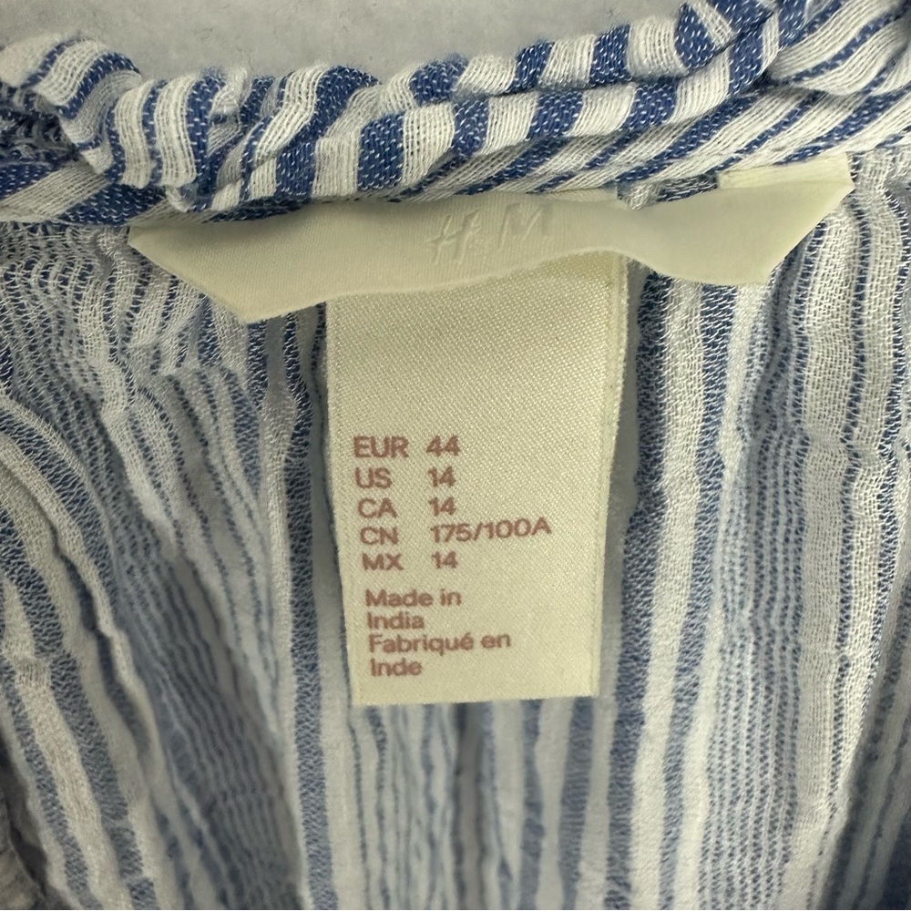 H&M Mini Oversized Dress Split Neck Short Sleeve Striped Womens 14 Blue - Picture 3 of 9